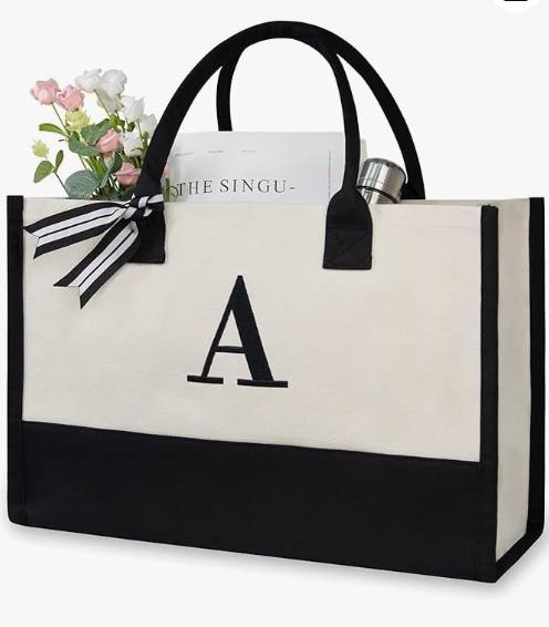 Personalized Initial Canvas Beach Bag, Monogrammed Gift Tote Bag for Women