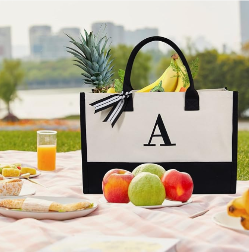 Personalized Initial Canvas Beach Bag, Monogrammed Gift Tote Bag for Women